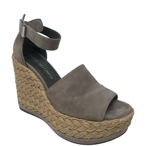 Stuart Weitzman Soho Jute Gal Platform Espadrille Topo Taupe Suede Leather 6.5 - Picture 2 of 14